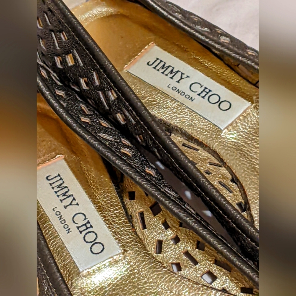 Jimmy Choo Gold and Black Flats